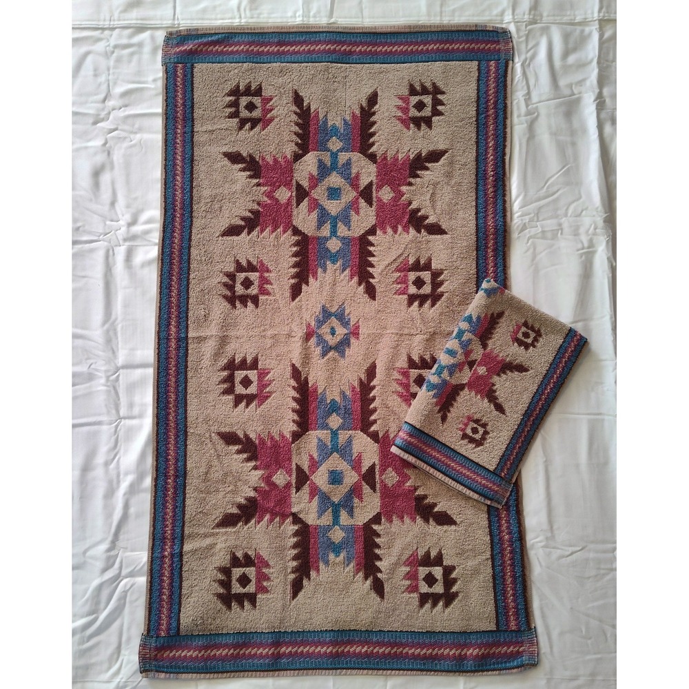 Vintage Fieldcrest Southwest Aztec Bath Towel & Hand Towel‎ Diamond  100% Cotton